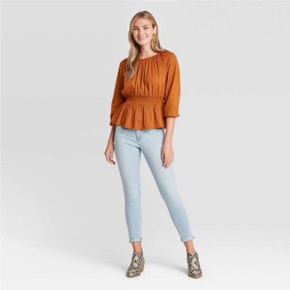 NWT Universal Thread Rust Peplum Linen Bishop 3/4 Sleeve Blouse Top - Picture 15 of 15